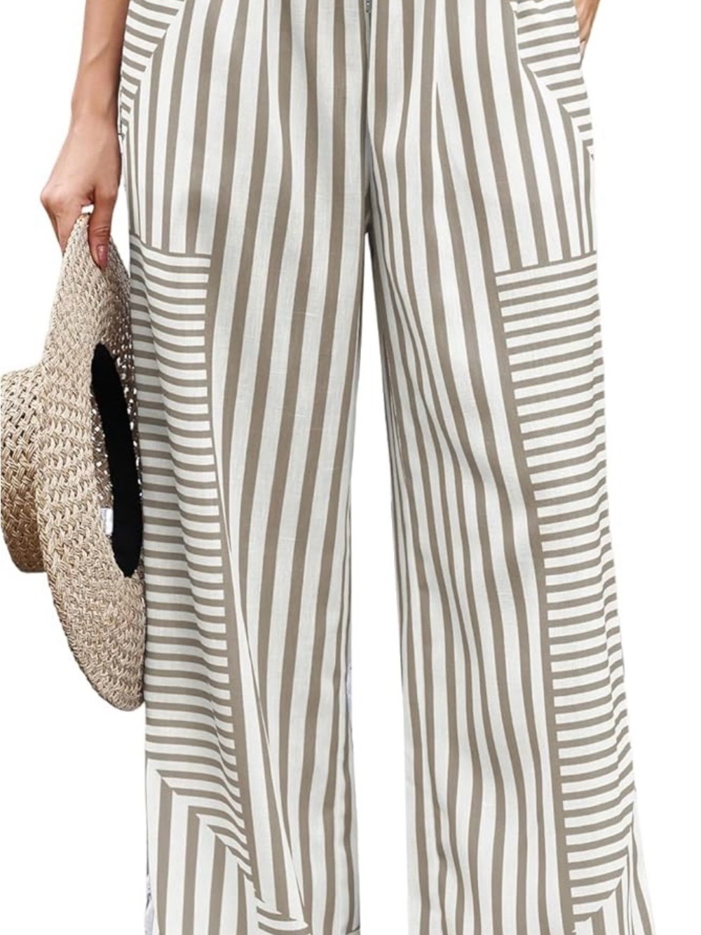 NWT Zaful Khaki White Striped Palazzo Pants Wide Leg Drawstring | Size 4 - Picture 11 of 14